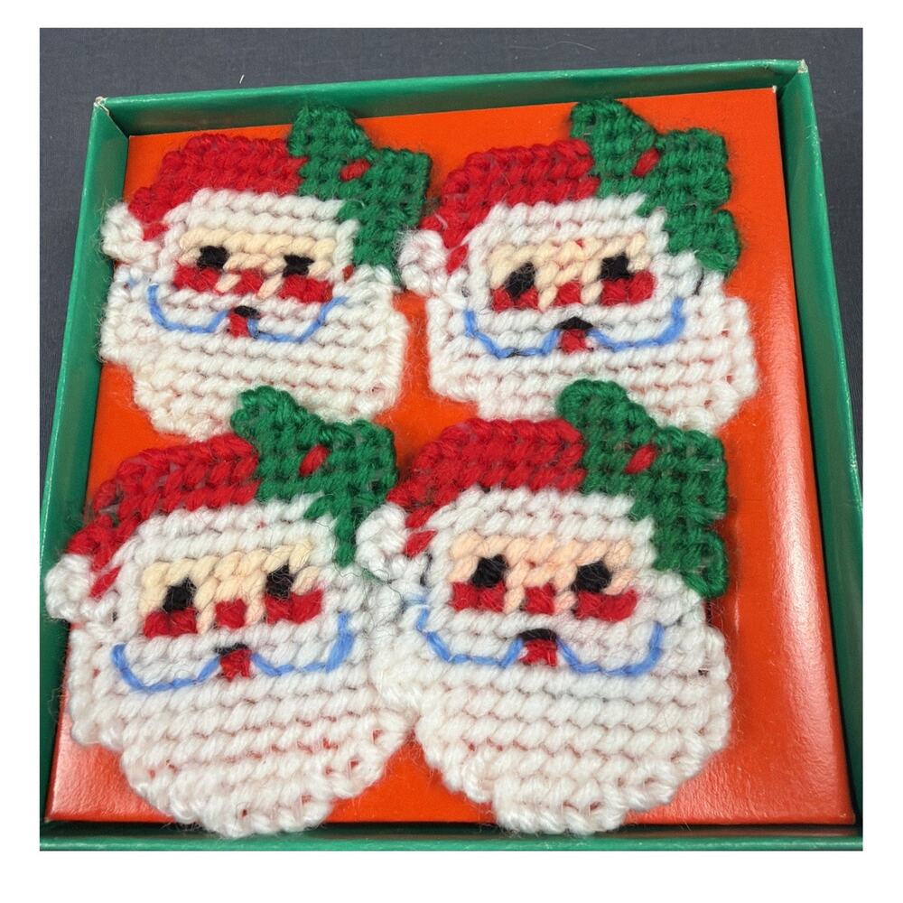 4 VTG Santa Napkin Ring Holders Needlepoint Plastic Canvas Christmas